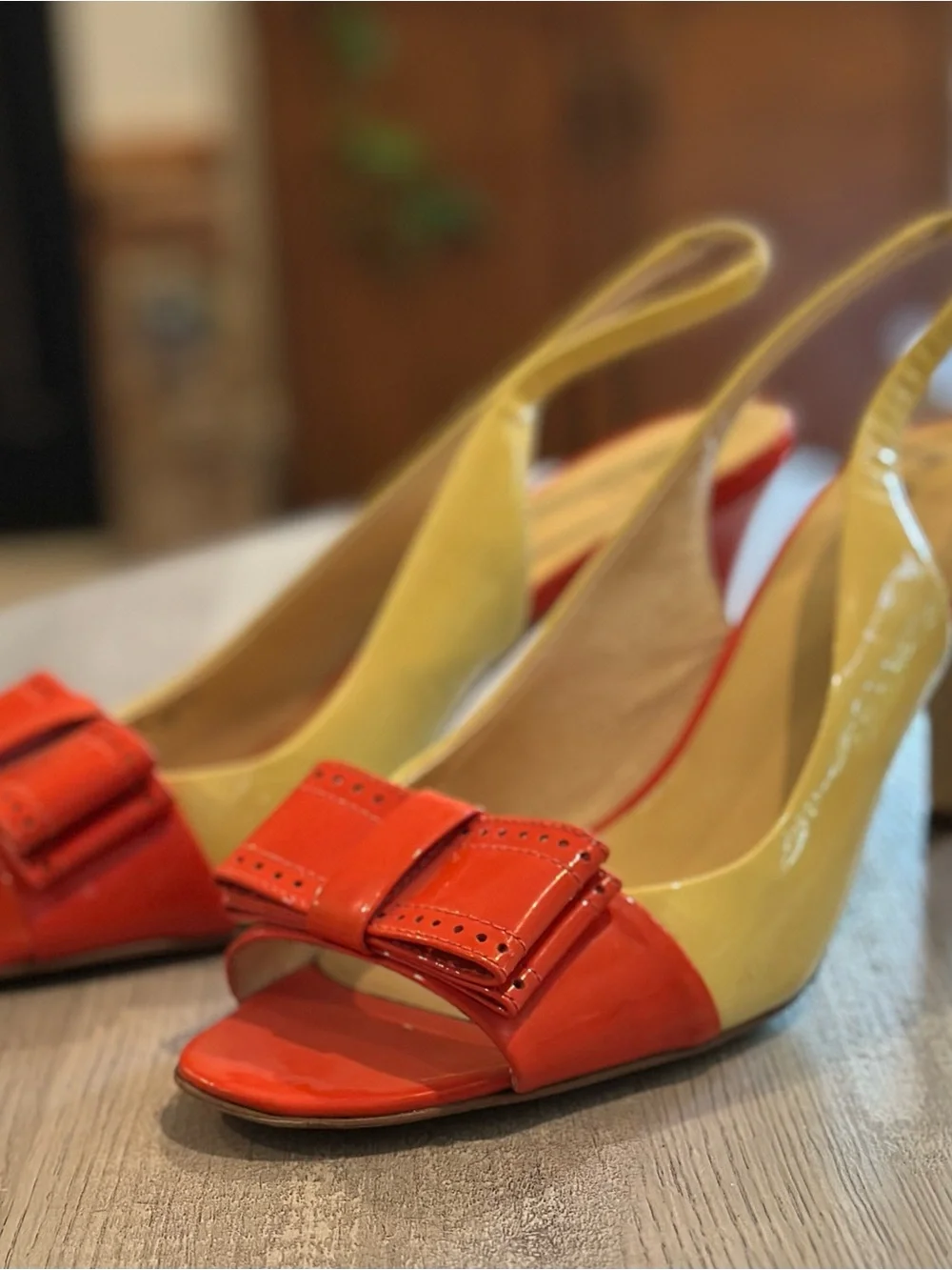 Kate Spade NY Patent Leather Slingback Bow Heels Coral Cream Size 10M